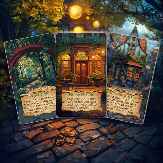 Three Activity Expansion sample cards showing photo, stop, and mini-challenge prompts for road trips