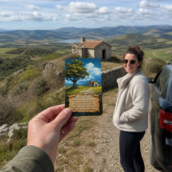 Destination Unknown card on a back road