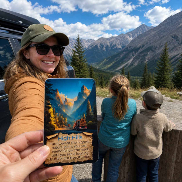 Destination Unknown card held up at a lookout