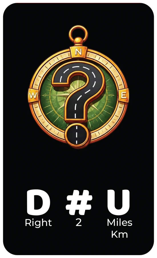 The back of a card, showing the direction, number and distance randomizer