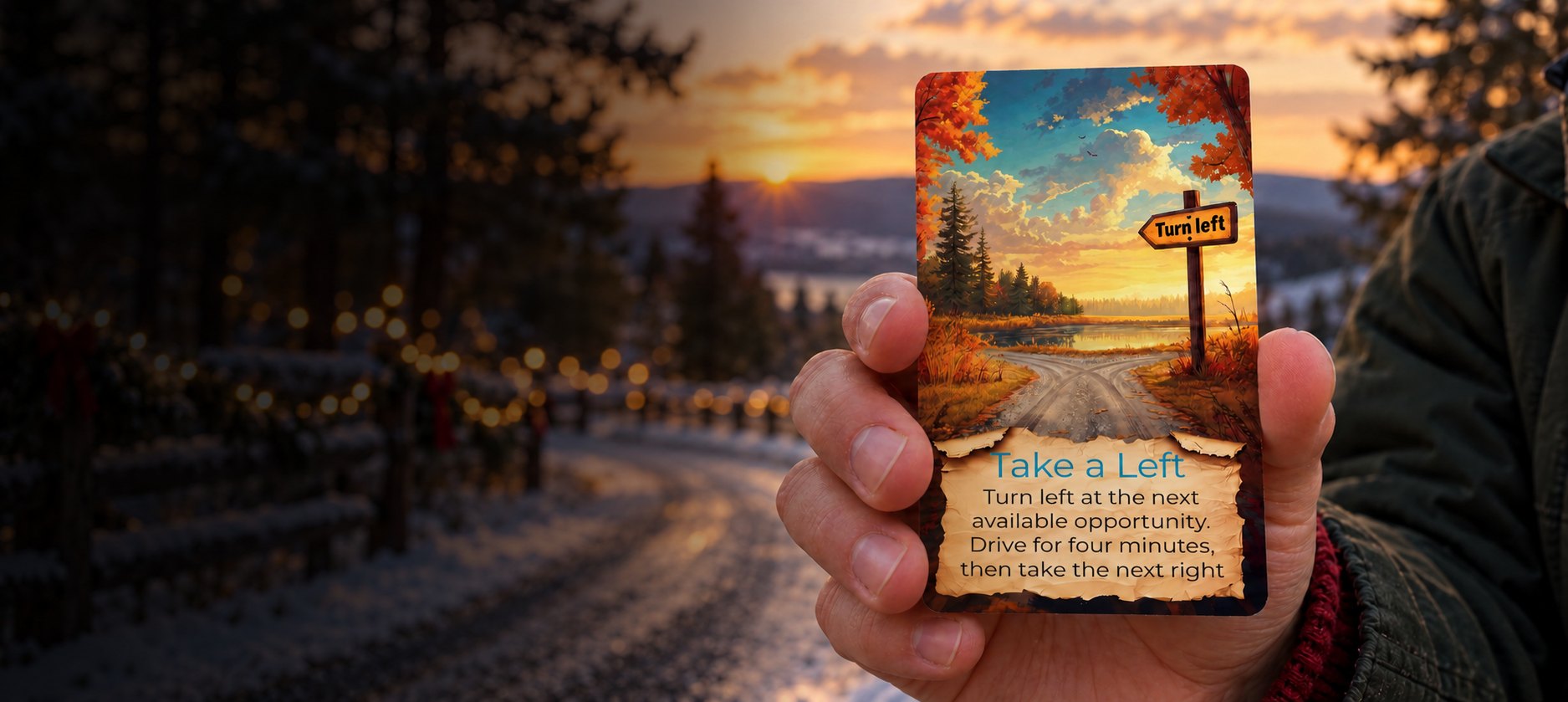 Hand holding a Destination Unknown Take a Left card on a snowy road lit with Christmas lights