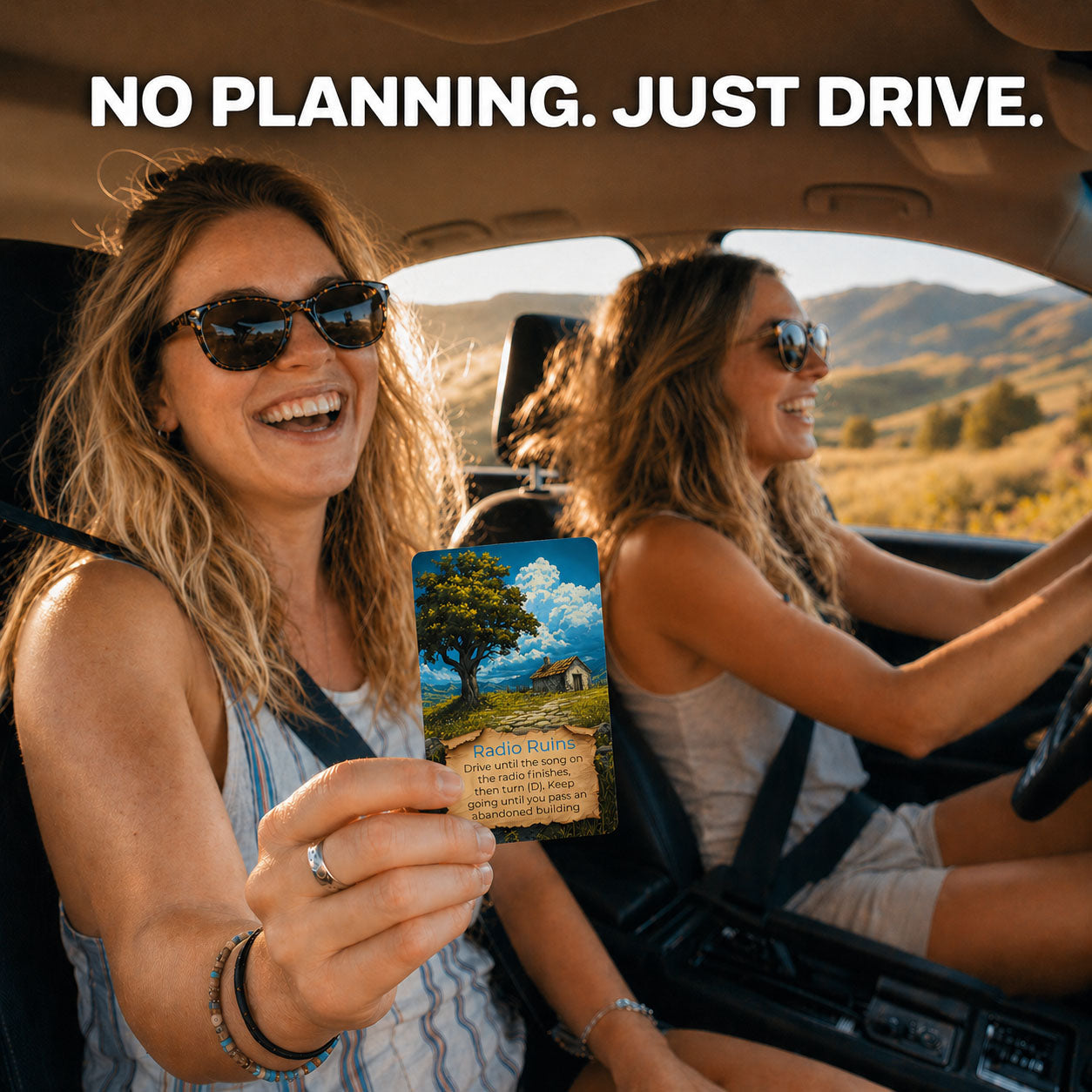 Two people playing Destination Unknown Rural Explorer in their car on a country road