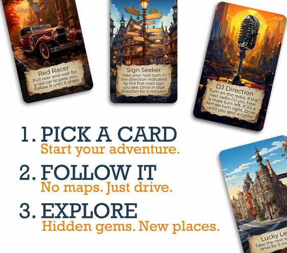 How to play Destination Unknown: draw a card, follow the direction, enjoy the adventure