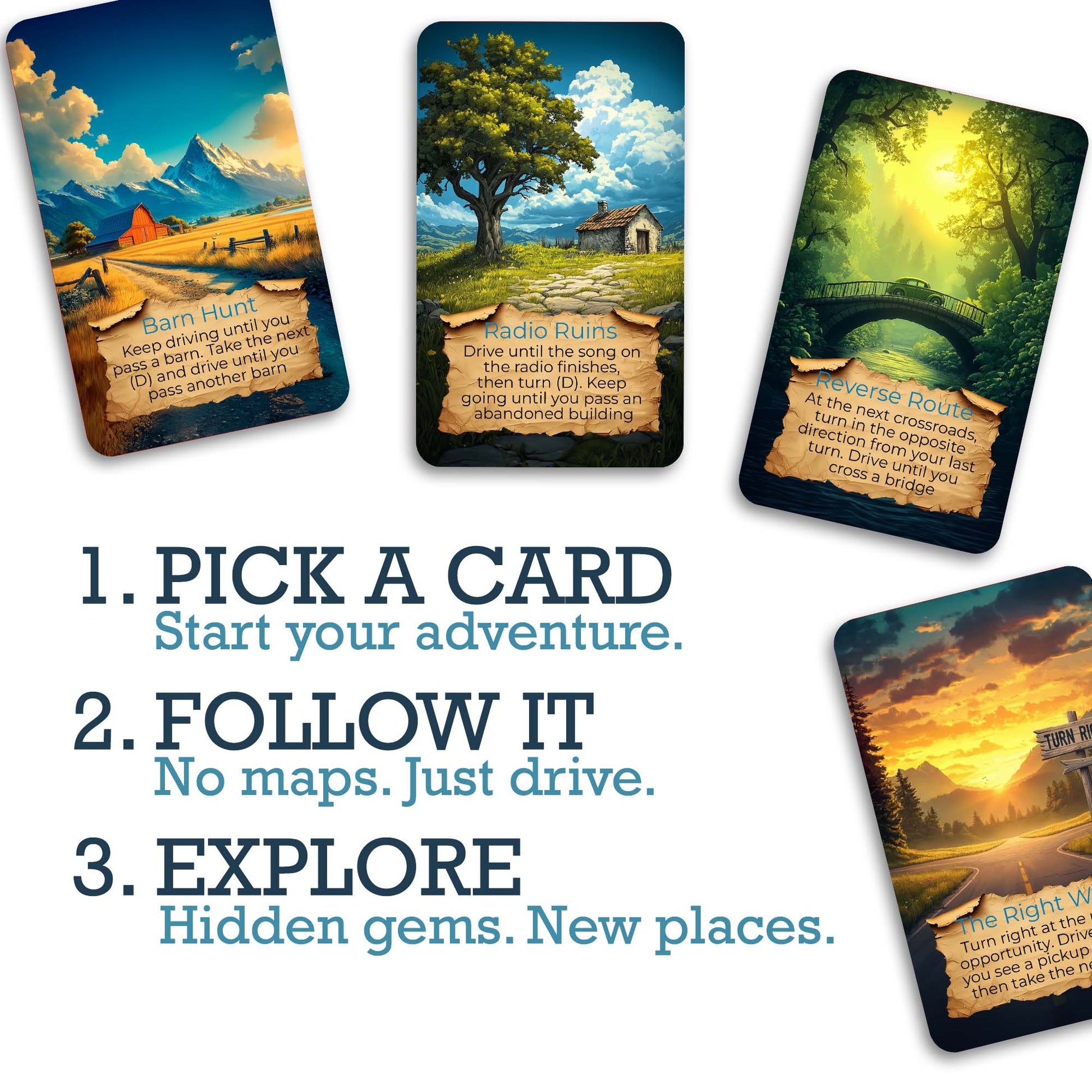 How to play Destination Unknown Rural Explorer: draw a card, follow the prompt, discover somewhere new