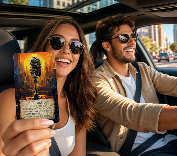 Couple playing Destination Unknown Urban Explorer card game inside their car