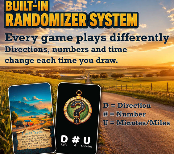 Randomizer on the back of every Rural Explorer card — picks direction and time on demand