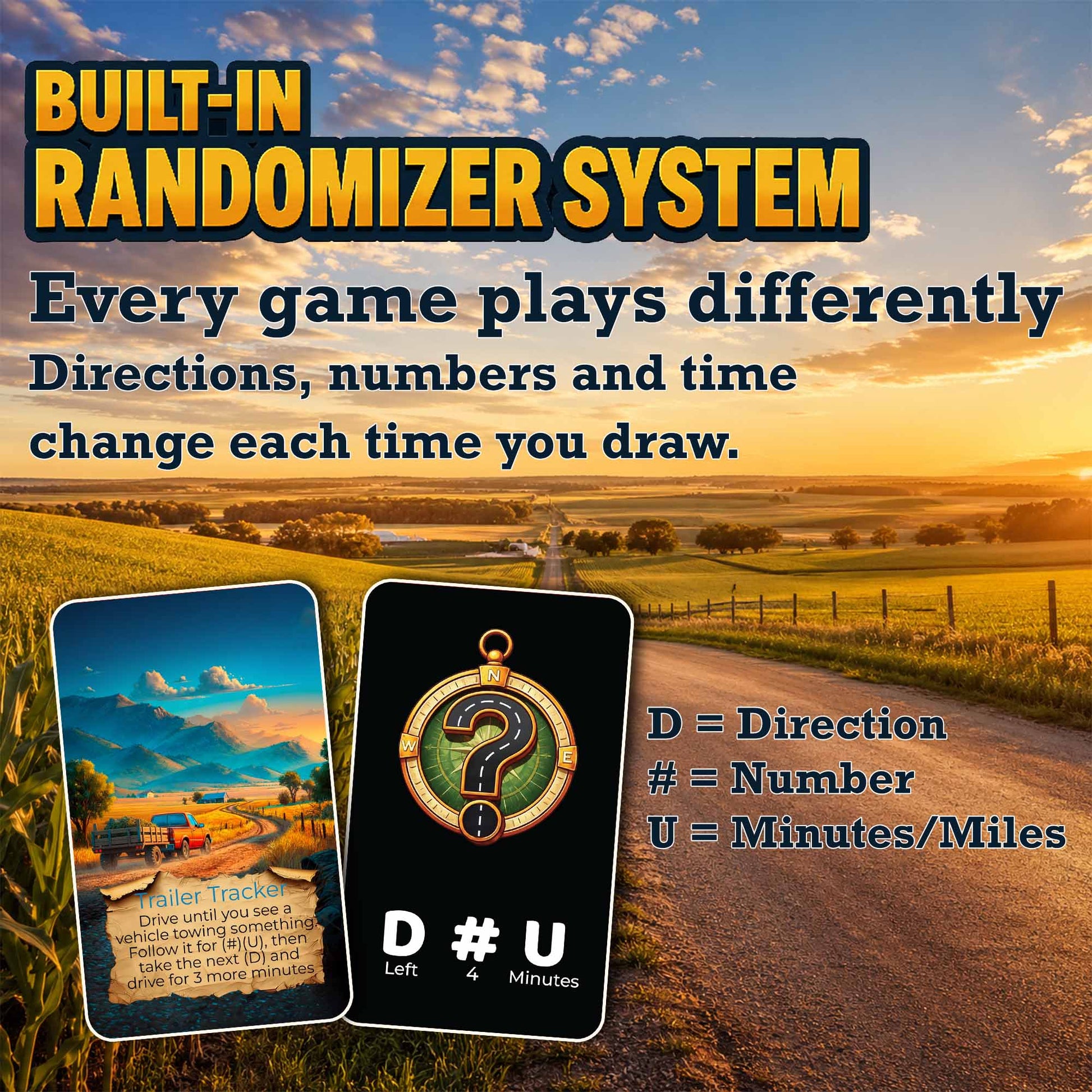 Randomizer on the back of every Rural Explorer card — picks direction and time on demand