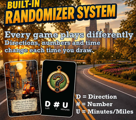 Randomizer on the back of every Urban Explorer card — picks direction and time when you need it