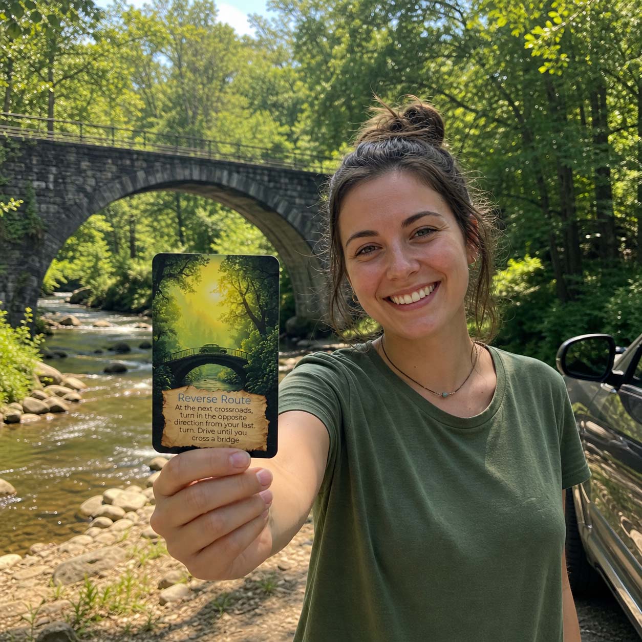 Reverse Route card from Destination Unknown — spontaneous prompts to change up any drive