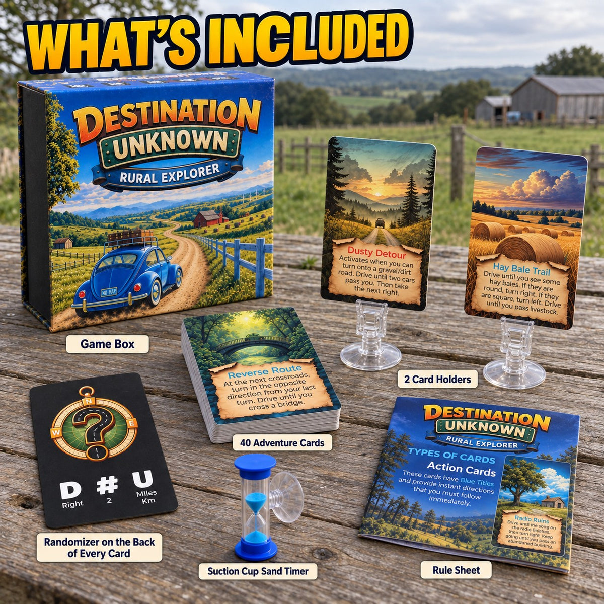 What's included in the Rural Explorer box: 40 adventure cards, 2 reusable dashboard card holders, suction-cup sand timer, and rule sheet