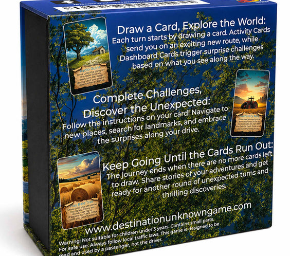 Back of the Rural Explorer card deck box featuring rural landscape artwork