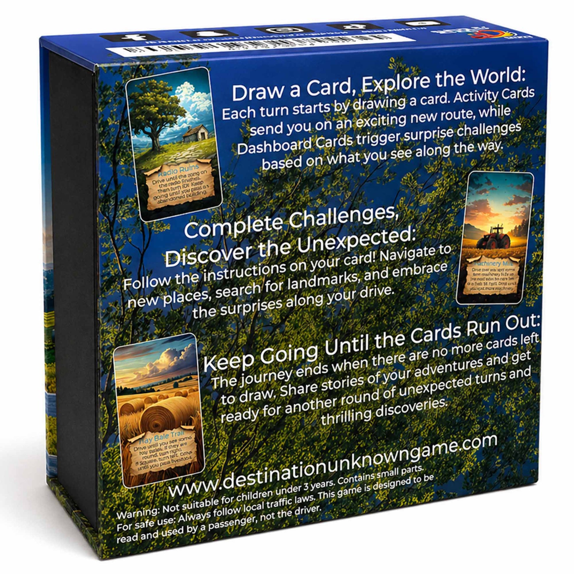 Back of the Rural Explorer card deck box featuring rural landscape artwork
