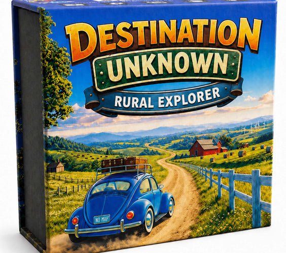 Destination Unknown Rural Explorer card game box — adventure cards for backroads, scenic drives, and small towns