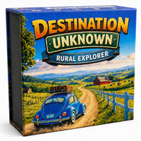 Destination Unknown Rural Explorer card game box — adventure cards for backroads, scenic drives, and small towns