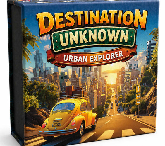 Destination Unknown Urban Explorer card game box — adventure cards for city drives and weekend road trips