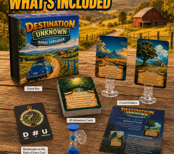What's included in the Rural Explorer box: 40 adventure cards, 2 reusable dashboard card holders, suction-cup sand timer, and rule sheet