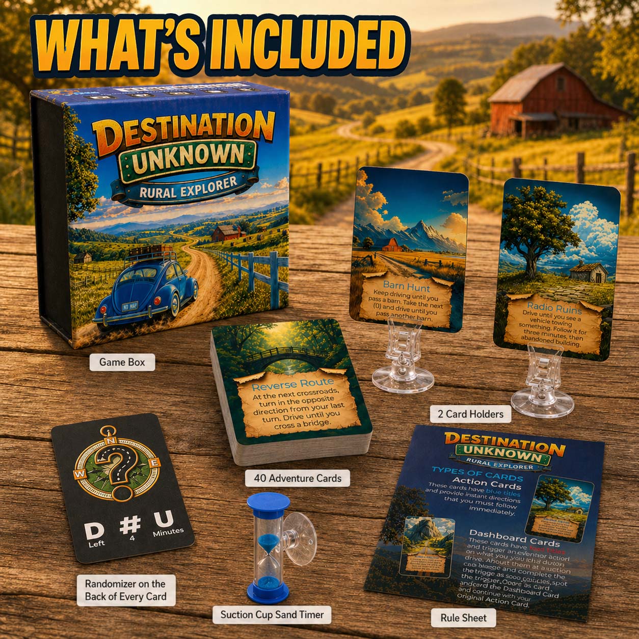 What's included in the Rural Explorer box: 40 adventure cards, 2 reusable dashboard card holders, suction-cup sand timer, and rule sheet