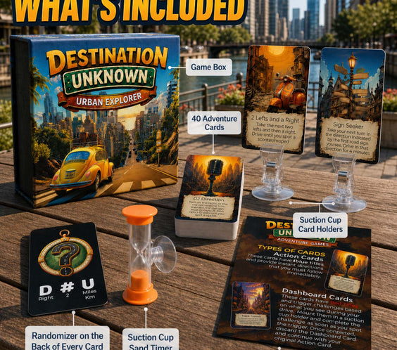 What's included in the Urban Explorer box: 40 adventure cards, 2 reusable dashboard card holders, suction-cup sand timer, and rule sheet