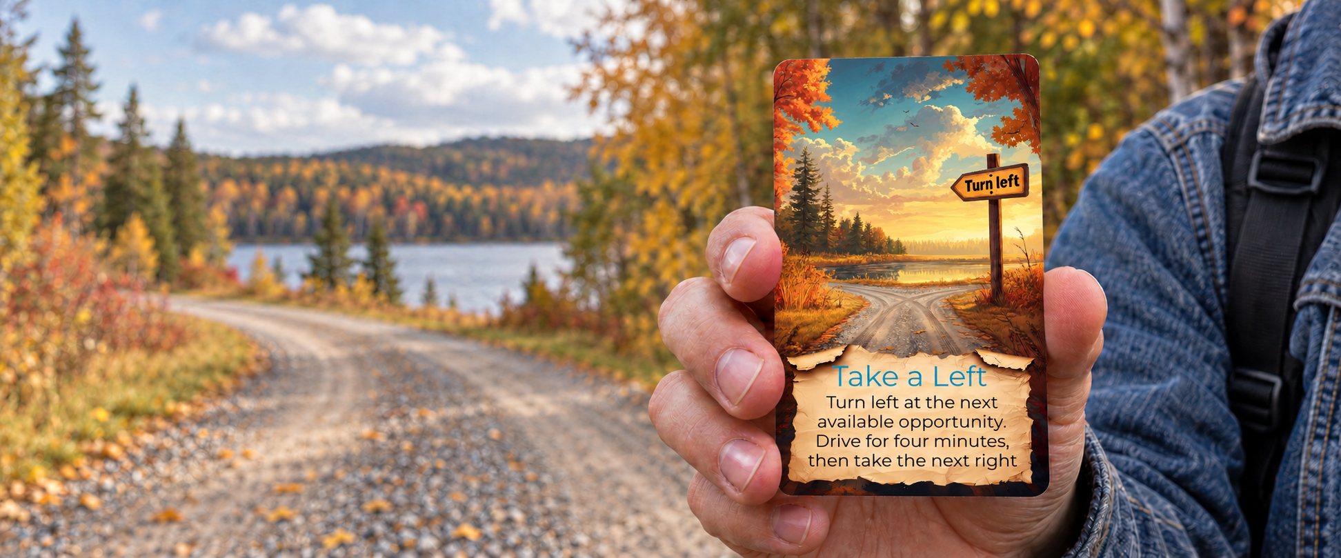 Hand holding a Destination Unknown Take a Left card on an autumn country road