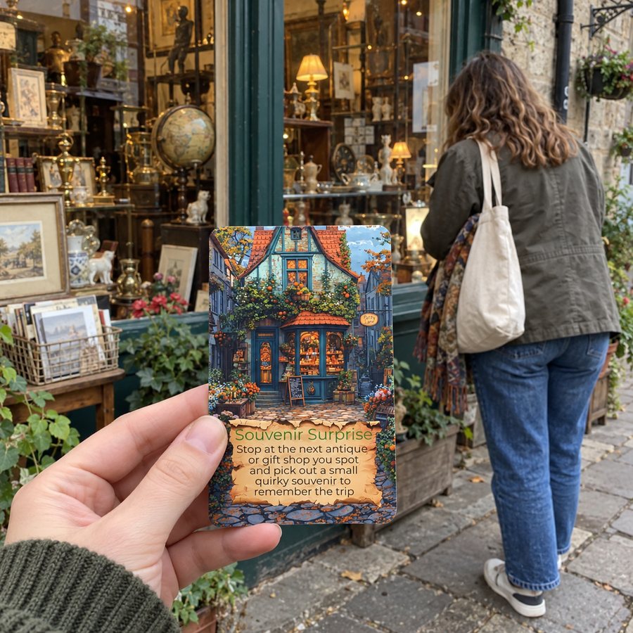 Destination Unknown card in an antique shop