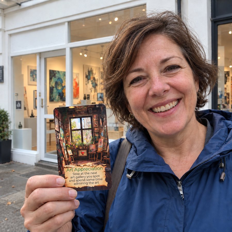 Destination Unknown card in a small-town art gallery