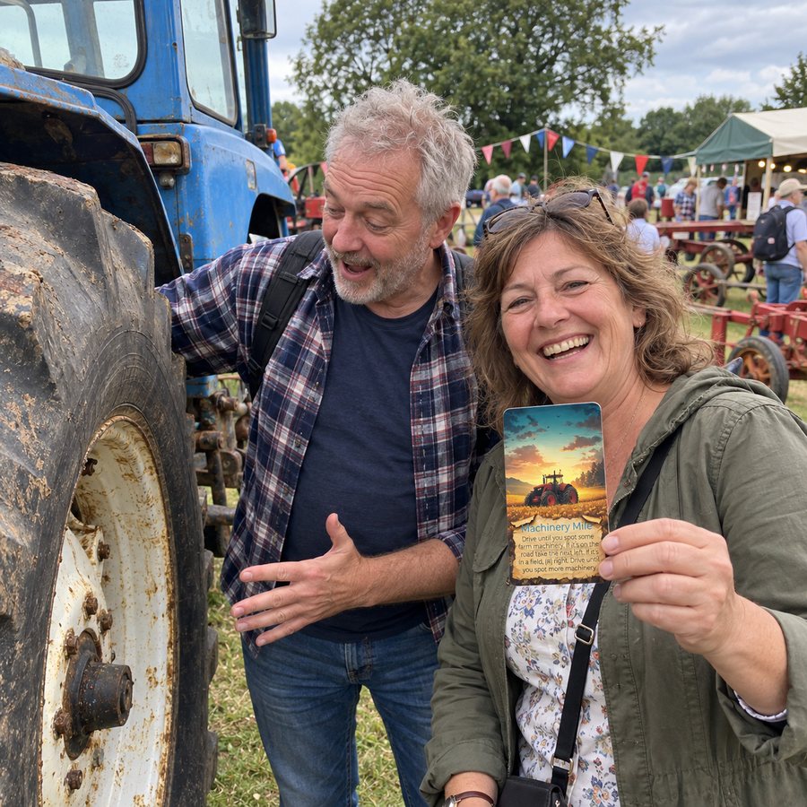 Destination Unknown card next to an old tractor