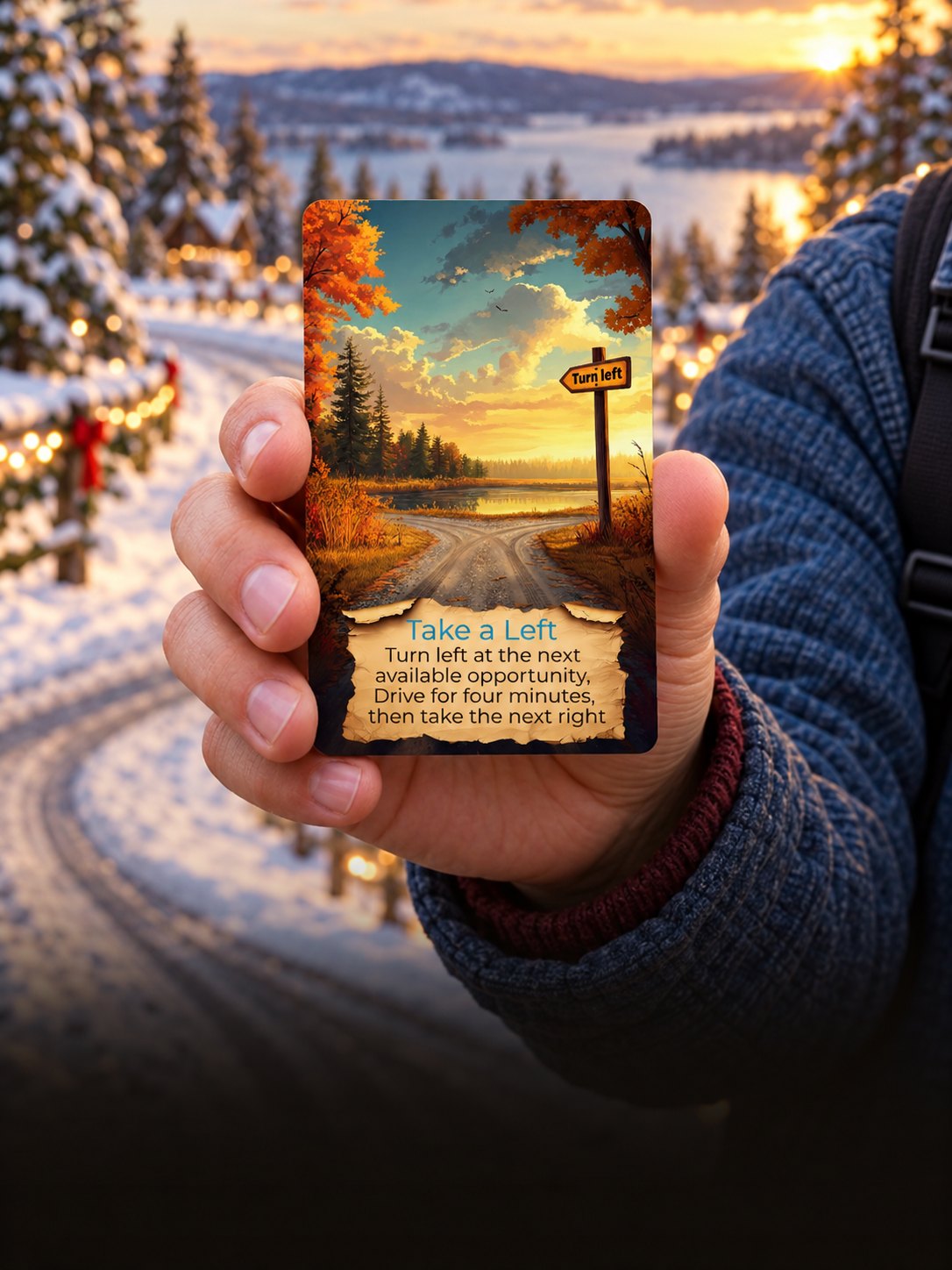 Hand holding a Destination Unknown Take a Left card on a snowy road lit with Christmas lights